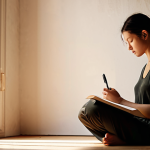 **Image Prompt 1: From Overwhelmed to Enlightened:**
    A person, initially appearing stressed or lost amidst abstract, chaotic digital interfaces and blurred urban daily life, finds a moment of serene focus. They are seated in a peaceful, quiet, and minimalist space, holding an open journal and a pen. A soft, clear light or glow emanates from the journal pages, symbolizing the discovery of clarity, inner peace, and a personal sanctuary. The background subtly transitions from chaos to calm introspection. Realistic, warm and inviting tones.