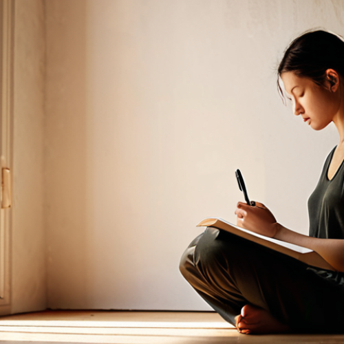 Home 13 **Image Prompt 1: From Overwhelmed to Enlightened:**
A person, initially appearing stressed or lost amidst abstract, chaotic digital interfaces and blurred urban daily life, finds a moment of serene focus. They are seated in a peaceful, quiet, and minimalist space, holding an open journal and a pen. A soft, clear light or glow emanates from the journal pages, symbolizing the discovery of clarity, inner peace, and a personal sanctuary. The background subtly transitions from chaos to calm introspection. Realistic, warm and inviting tones.