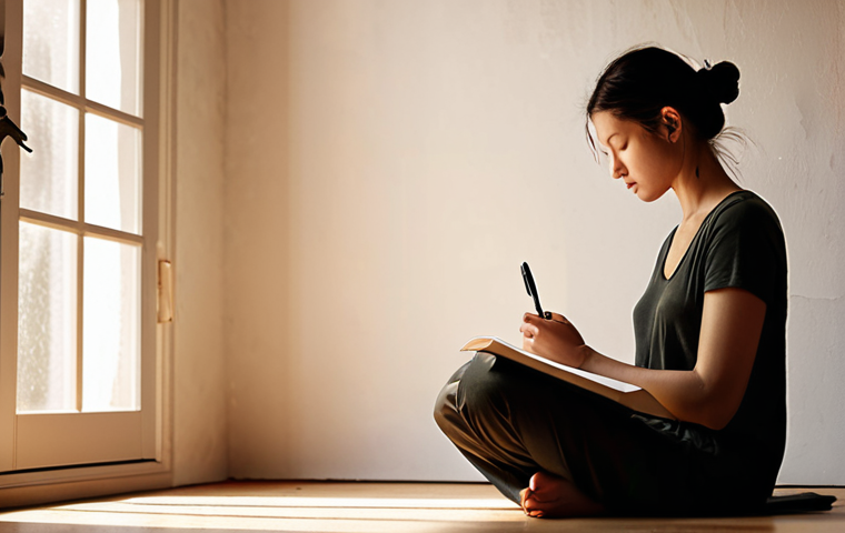 **Image Prompt 1: From Overwhelmed to Enlightened:**
A person, initially appearing stressed or lost amidst abstract, chaotic digital interfaces and blurred urban daily life, finds a moment of serene focus. They are seated in a peaceful, quiet, and minimalist space, holding an open journal and a pen. A soft, clear light or glow emanates from the journal pages, symbolizing the discovery of clarity, inner peace, and a personal sanctuary. The background subtly transitions from chaos to calm introspection. Realistic, warm and inviting tones.