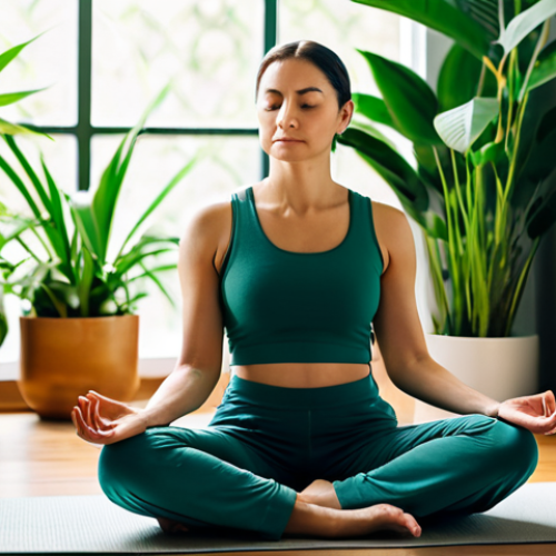 Home 8 A serene woman, mid-30s, in comfortable, modest athleisure wear, sits in a gentle meditative pose. She is in a sunlit room filled with lush green plants, bathed in diffused natural light. Her expression conveys deep calm and introspection. The background is slightly blurred to focus on the subject. High-resolution, professional photography, soft ambient lighting, rich natural colors, cinematic depth of field, perfect anatomy, correct proportions, well-formed hands, proper finger count, natural body proportions, safe for work, appropriate content, fully clothed, modest clothing, family-friendly.