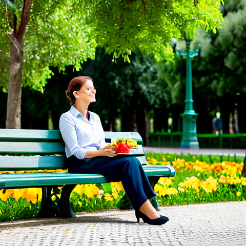 Urban Oasis**
"A woman in modest, professional clothing enjoying a lunch break on a park bench in Lisbon, Portugal. Lush green trees and colorful flowers surround her. Safe for work, appropriate content, fully clothed, professional, perfect anatomy, natural pose, high quality, bright daylight."
**