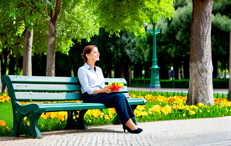 Urban Oasis**
"A woman in modest, professional clothing enjoying a lunch break on a park bench in Lisbon, Portugal. Lush green trees and colorful flowers surround her. Safe for work, appropriate content, fully clothed, professional, perfect anatomy, natural pose, high quality, bright daylight."
**