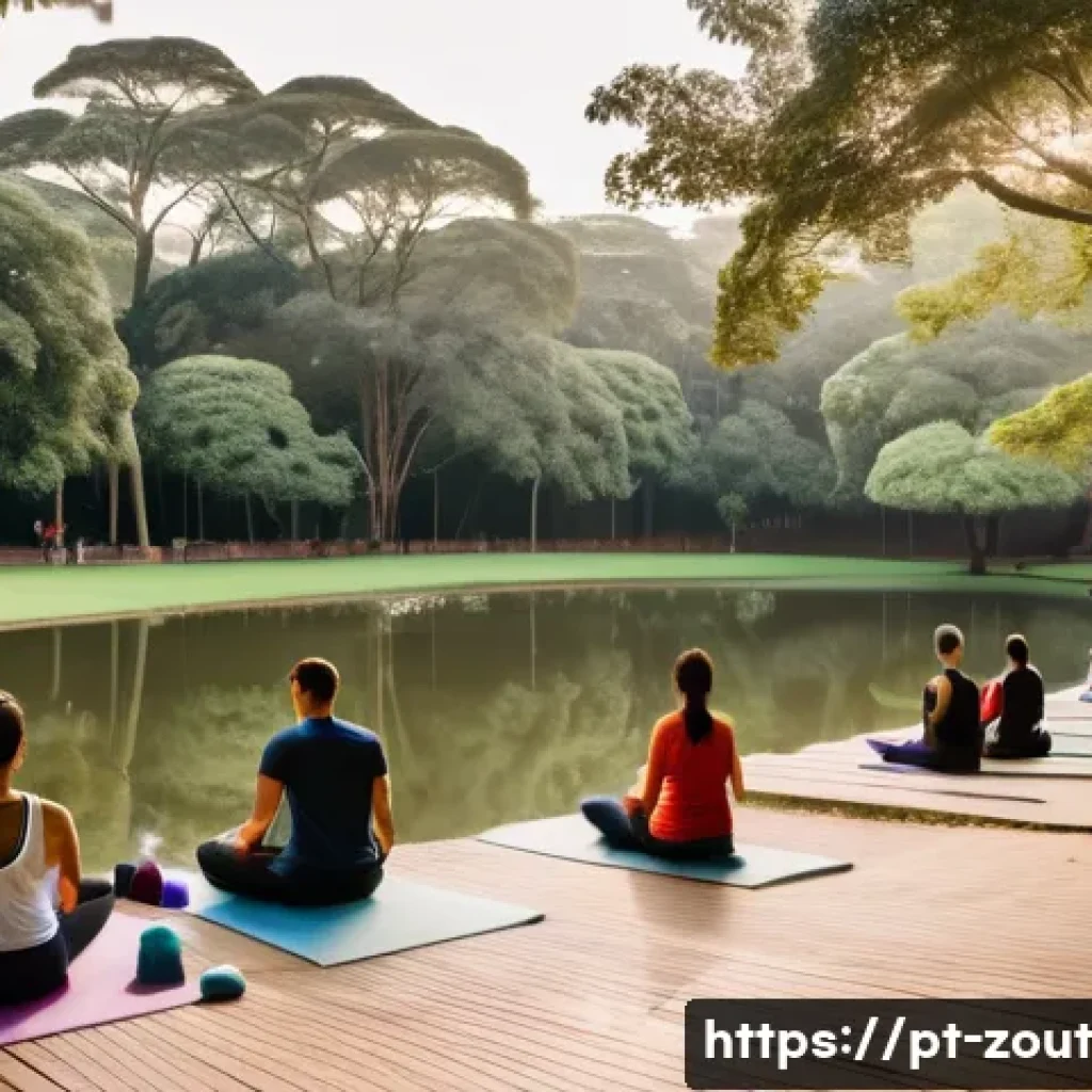 정신적 회복을 위한 명상 명소 소개 - A serene urban park scene in São Paulo’s Ibirapuera Park during early morning, featuring diverse peo...