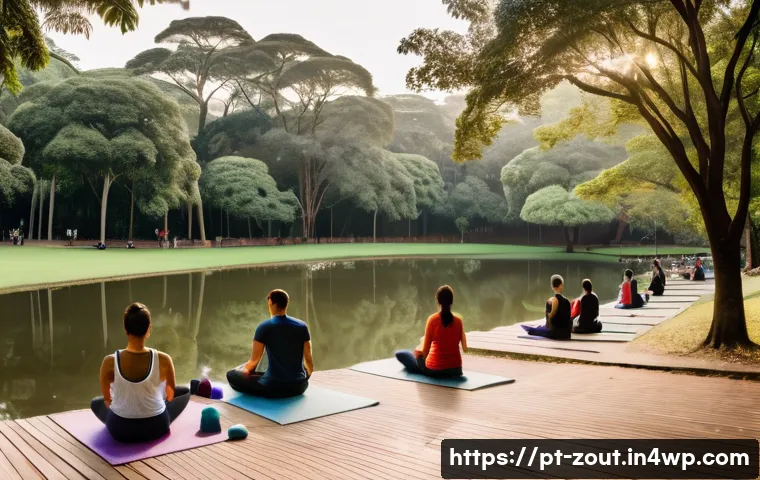 정신적 회복을 위한 명상 명소 소개 - A serene urban park scene in São Paulo’s Ibirapuera Park during early morning, featuring diverse peo...