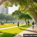 Home 22 주변 환경이 심신 회복에 미치는 영향 - A serene urban park scene in a modern Brazilian city, showing diverse adults and children walking an...