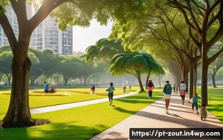 주변 환경이 심신 회복에 미치는 영향 - A serene urban park scene in a modern Brazilian city, showing diverse adults and children walking an...