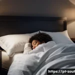 Home 21 심신 회복력과 관련된 최신 연구 동향 - A serene bedroom scene at night showcasing a young adult peacefully sleeping on a comfortable bed wi...