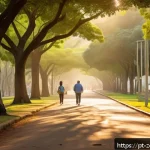 Home 20 자연과의 연결로 회복력 증진하기 - A vibrant urban forest scene in a Brazilian city park during golden hour, showing diverse native tre...