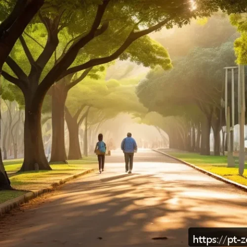 Home 32 자연과의 연결로 회복력 증진하기 - A vibrant urban forest scene in a Brazilian city park during golden hour, showing diverse native tre...