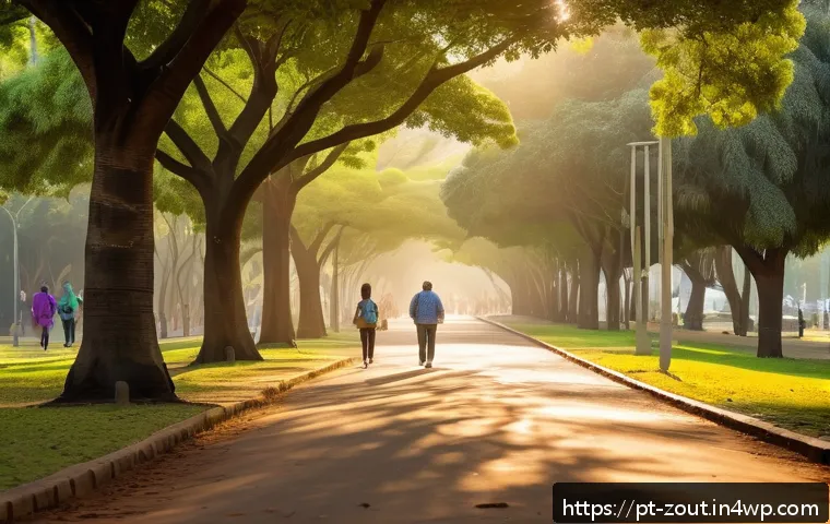 자연과의 연결로 회복력 증진하기 - A vibrant urban forest scene in a Brazilian city park during golden hour, showing diverse native tre...