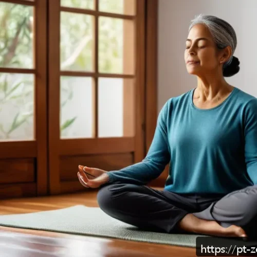 Home 31 감정 인식 능력을 키우는 훈련법 - A serene indoor scene showing a middle-aged Brazilian woman practicing guided meditation focused on ...