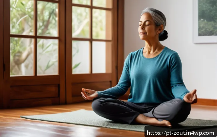 감정 인식 능력을 키우는 훈련법 - A serene indoor scene showing a middle-aged Brazilian woman practicing guided meditation focused on ...