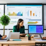 Home 18 회복력을 구축하기 위한 성공 사례 분석 - A modern Brazilian small business office scene showing a diverse team of professionals collaborating...