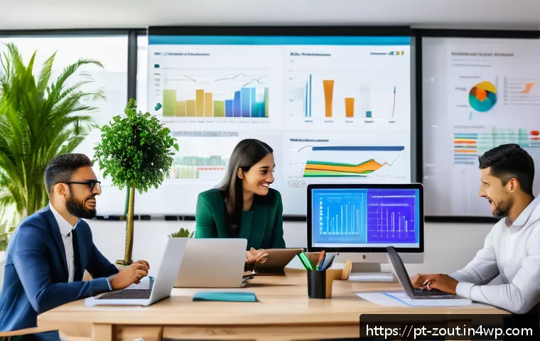 회복력을 구축하기 위한 성공 사례 분석 - A modern Brazilian small business office scene showing a diverse team of professionals collaborating...