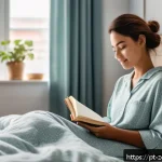 Home 23 일상 속에서 긍정적 습관 만들기 - A serene morning bedroom scene featuring a young adult waking up peacefully, sitting on a neatly mad...